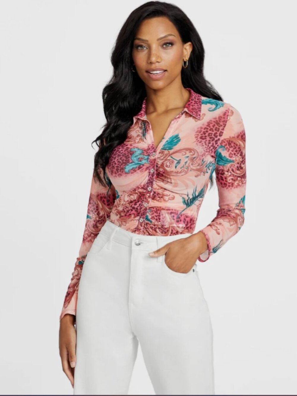 GUESS LS Chemise Berrie Shirt - Sun Florid Coastal Resort Long Sleeve Top - Picture 11 of 12